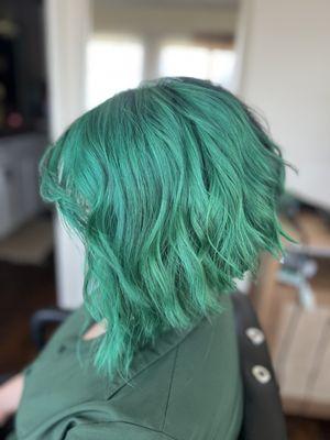 Green and black split color  A-Line haircut