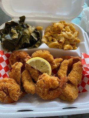 Fish & shrimp, green and Mac cheese