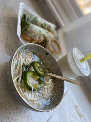 Pho Ga, Sinh To Dura Tupi, Goi Cuon Chay. Chicken Pho soup, veggie spring rolls and a coconut shake.