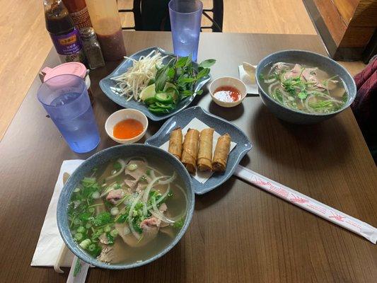 Steak and brisket pho, egg rolls