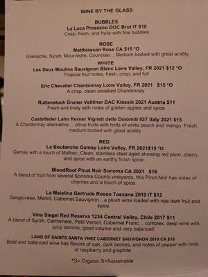 Wine list by the glass