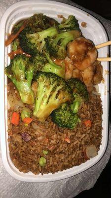 Shrimp with Broccoli and an egg roll! Nice big portion size! Rice had too much sauce in it, though. November 24th, 2023.