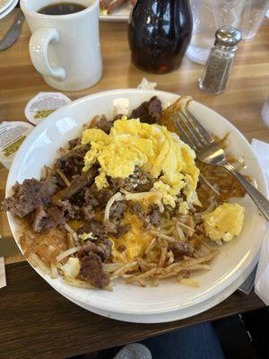 Eggs, sausage and hash-browns.