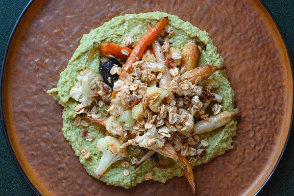 Don't Carrot All - roasted maple glazed heirloom carrots & cauliflower, green goddess hummus, & fennel granola.