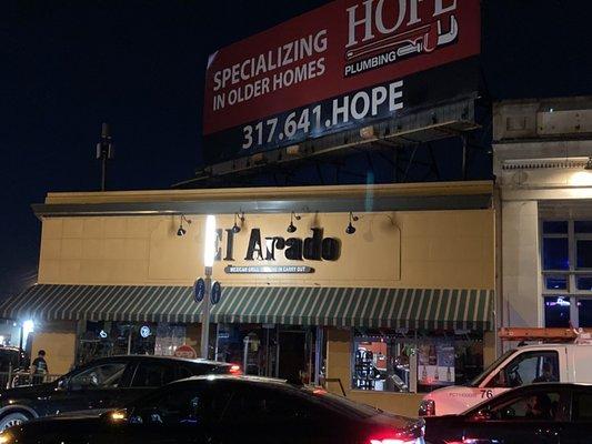 Restaurant front at night