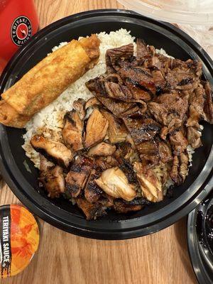 Two Protein Bowl- Large Size Only Chicken and Steak with Chicken Eggroll (1 Eggroll)