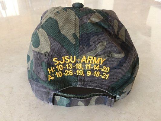 The back of our "camo" cap has the Home and Away dates of this four game series.