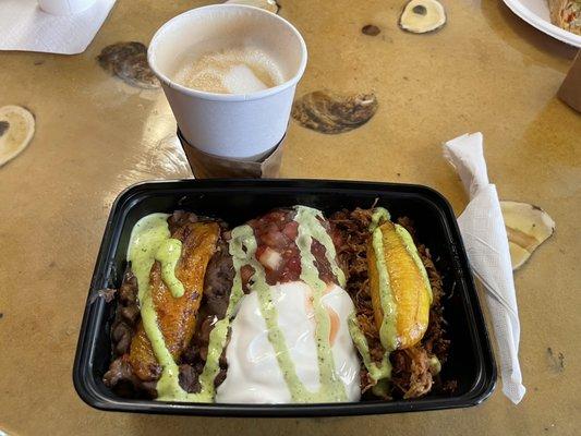 Mojo Pork Burrito Bowl with a Cafe con Leche