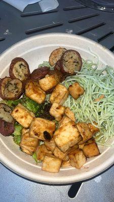 pesto noodles, broccoli, potatoes, & tofu