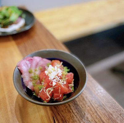 Hamachi, pickled watermelon, cotija, green herbs