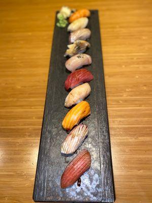 Nigiri sampler included mackerel, hon maguro Blue Fin maddai (Japanese snapper ) ect