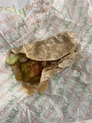 Reconstructed wrap, soggy, tasteless (did not put requested sauces on it either)