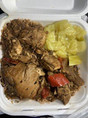 Brown Stew Chicken Cabbage Rice & Beans Beef Pattie Coco Bread