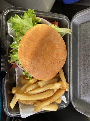 Bacon Cheeseburger with BBQ on the side with french fries