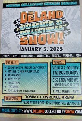 Advertisement for upcoming comics and collectibles show Jan 5, 2025