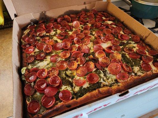 Pesto Roni pie, with extra pesto and exXtra pepperoni...to die for