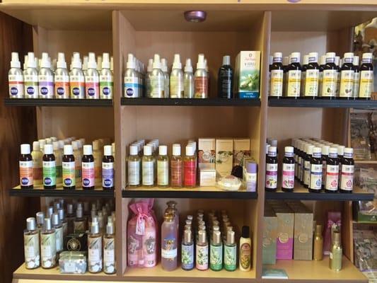 Aura Cacia Bath & Body section. Carrier oils, shower gels, aromatherapy mists and massage oils