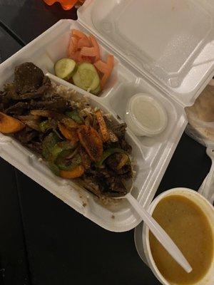 Beef shawarma and lentil soup