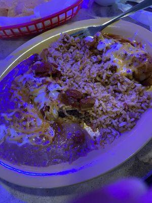 Ground beef enchiladas and a pork tamale with rice and beans