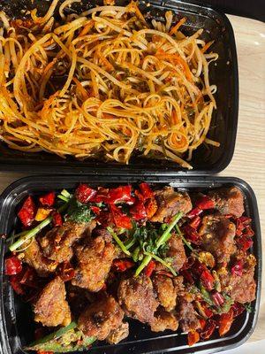 Three Kinds of Cold Mixed Vegetables In Hot Chili Oil, Crispy Pork Chops with Mexican Pepper