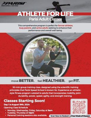 Adult Classes - Athlete for Life launches 8/19/24. More class times coming soon!