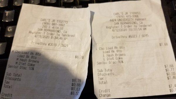 Receipts from Car's Jr. Not price difference and the size of combo