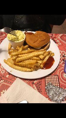 Jumbo BBQ pork sandwich reg fries and potato salad (excellent potato salad)