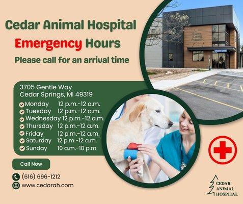 Our new emergency hours - 7 days a week.