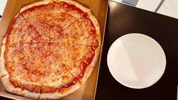 20" NY-Style thin crust pizza, paper plate for scale