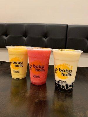 Peach Mango, Watermelon, Mango Yogurt w/ Boba