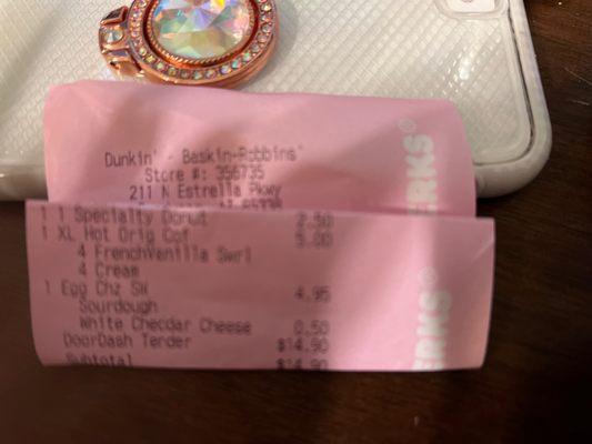 Receipt for an egg and cheese sandwich and a Cookie Butter Donut they forgot to give me