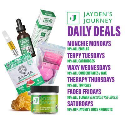 Unwrap joy every day!  Jayden's Journey serves up daily deals, Monday to Saturday. Elevate your week with incredible cannabis specials!