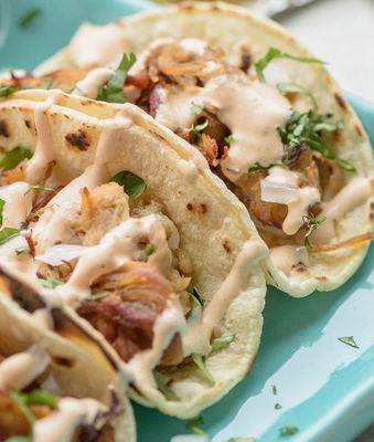 Carnitas Tacos with Cilantro Lime Crema, and salad