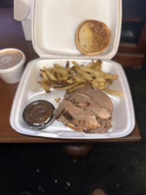 Sliced Brisket Sandwich with French Fries and BBQ Beans