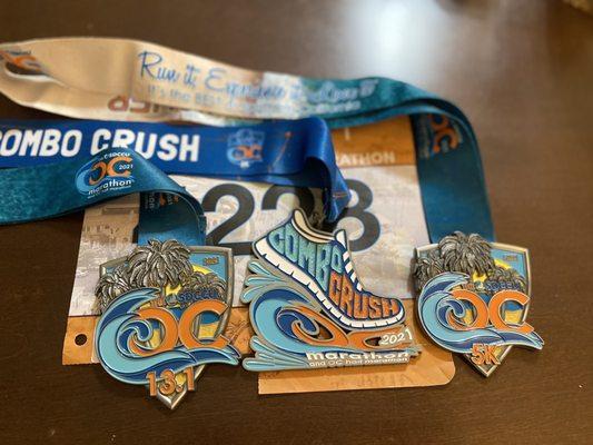 2021 1/2 half, 5k finisher, and combo challenge medals.