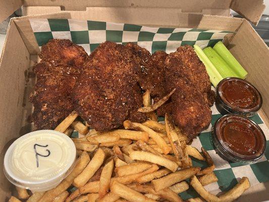 5 piece chicken fingers (likely made in-house)  - $20  Loved the salty fries and Cajun bbq sauce.