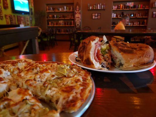 Small chicken artichoke pizza and an Italian sandwich!  Yum!