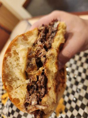 The inside of the Chuck/Brisket double burger.