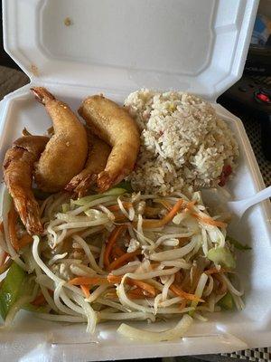 Lunch combo #3 Fried prawns, chow mein and pork fried rice