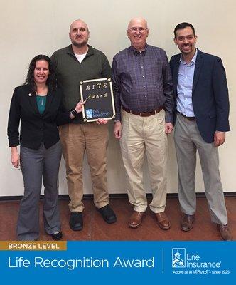 Wampler's Insurance Agency located in Abingdon, Virginia accepts the Bronze Life Recognition Award from Erie Insurance. (276) 676-2626.