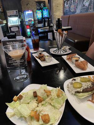 Caesar salad, Black & Blue burger no bun, yummy hand cut fries, Reuben rolls, steak bites, walleye fingers, Carrot Cake martini