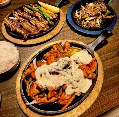 Clockwise from the Top: LA Galbi, Bulgogi, Spicy Chicken with Cheese