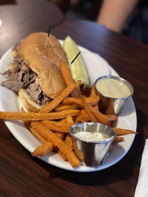 French dip with sweet potato fries