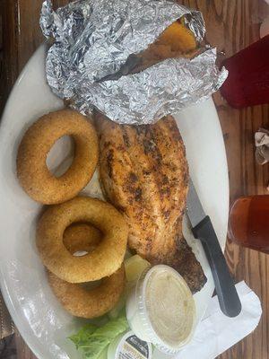 Broiled Salmon, Sweet Potato, and Hushpuppies