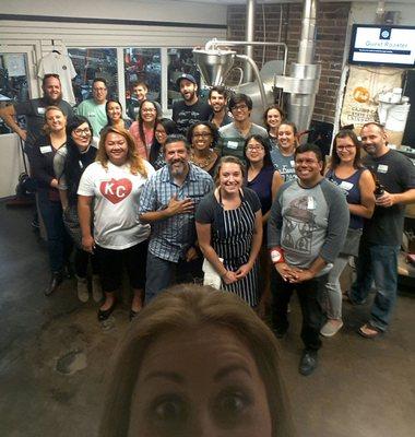 Posing with the infamous Loring coffee roaster just peeping out in the back among its admirers