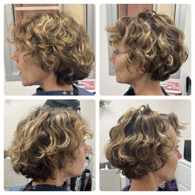 side-by-side before and after, curly cut