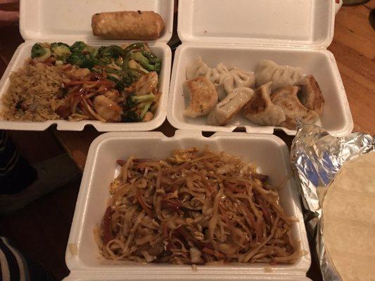 Back: chicken with garlic sauce and fried dumplings.  front: moo shu pork Yum!!!