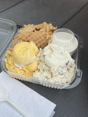 Ice cream nachos: vanilla and cookie dough with marshmallow dipping sauce