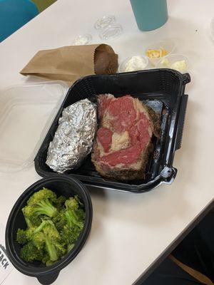 Prime rib, potato, bread, seasonal veggies