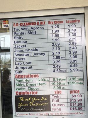 Prices for dry cleaning and alterations.